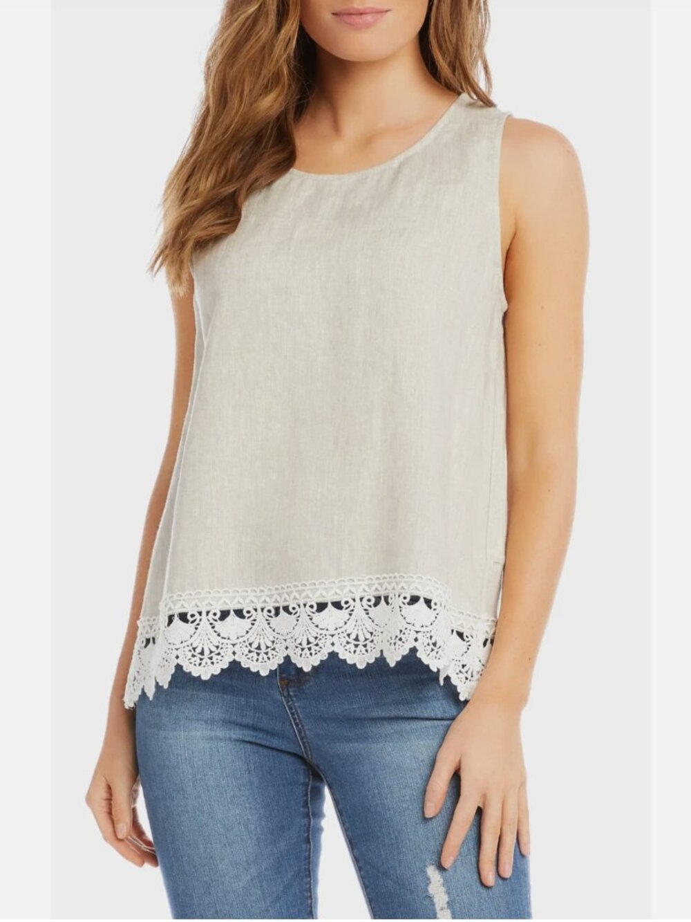 NEW Karen Kane Linen Lace Trim Sleeveless Blouse Tank Top Size XL Tan White